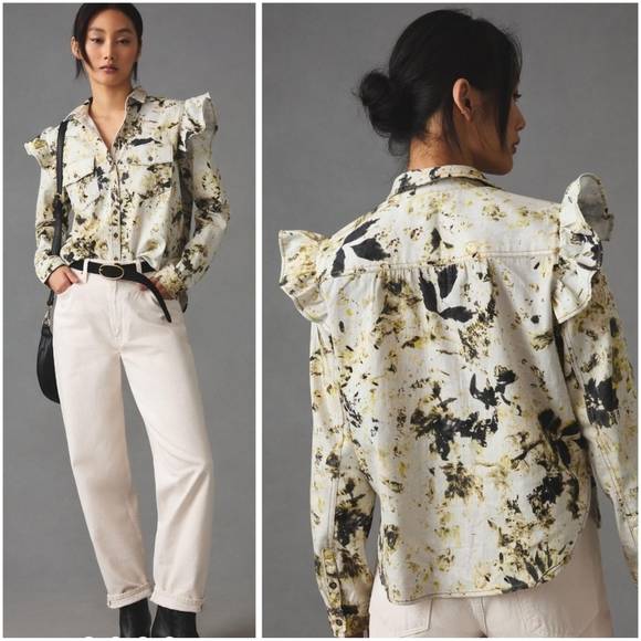 Anthropologie Pilcro Utility Blouse Button Down Top Ruffle Shoulder Medium - Picture 1 of 10